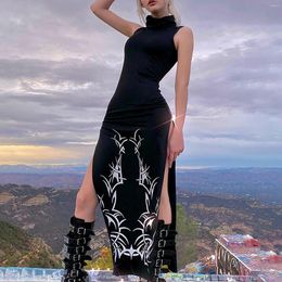 Casual Dresses Gothic Women Y2K Sleeveless Vintage Printed High Side Split Long Dress Collar Slim Fit Streetwear Sundress