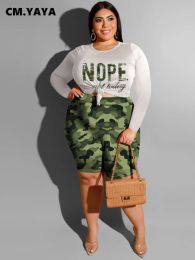 Sets CM.YAYA Plus Size Printed Women's Set Short Sleeve Tshirt and Knee Length Pants Set 2023 Chic Two 2 Piece Set Outfits Tracksuit