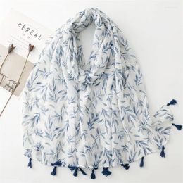 Scarves Korean Style Fashionable Blue Main Tone Cotton And Linen Feel Scarf With Printed Design Fresh Sweet Tassel Shawl For Women