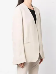 Women's Suits Suit Coat 2024 Linen Blend V-neck Buttonless Solid Colour Simple Commuter Long Sleeves Blazer With Pockets