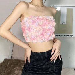 Tops Women Sexy Strapless Off Shoulder Crop Tube 3d Mesh Rose Flowers Textured Bandeau Shirred Smocked Slim Cami Vest