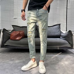 2024 Spring and Autumn Slim Fit Distressed Cropped Jeans, Men's Trendy Design, Casual Pants with Small Legs