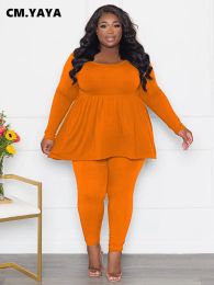 Sets CM.YAYA Fashion Plus Size Women's Set Long Sleeve Flare Oneck Tshirt and Pants 2023 Street Two 2 Piece Sets Outfit Tracksuit