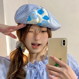 Berets Ins Blue Plaid Splicing Caps For Women In 2024 Spring And Summer Japanese Retro Sweet Cute Show Face Small Painter Hats