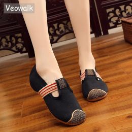 Shoes Veowalk Elastic Band Women Plain Canvas Loafers Blank Denim Fabric Chinese Style Ladies Slip on Cotton Driving Flat Shoes