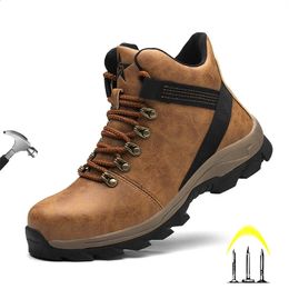 Waterproof Borwn Colour Safety Shoes Men Steel Toe Work Boots Unisex Hiking Trail Anti-smash Non Slip Botas Platform Boots Hombre 240309