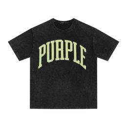 Luxur Men's T-shirt Fashionable Los Angeles Street Fashion Short Sleeved Washed and Distressed Purple Letter Print Fat Guy Loose