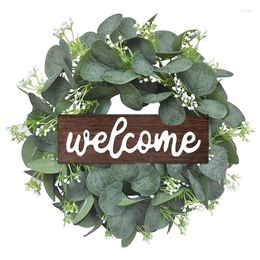 Decorative Flowers Promotion! Artificial Eucalyptus Wreath 11Inch Welcome With Wooden Sign And Leaves For Front Door Decoration