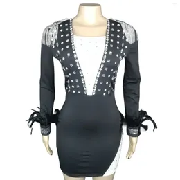 Stage Wear Tassel Dress Women Black Feather Rhinestones Short Birthday Prom Crystals Outfit Bar Nightclub Singer Clothes