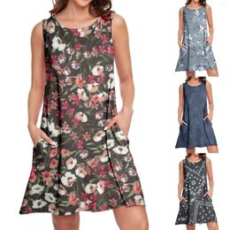 Casual Dresses For Women 2024 Elegant Beach Floral Tshirt Sundress Sleeveless Pockets Loose Tank Dress Woman Summer Vestidos