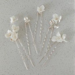 Hair Clips Delicate White Ceramic Flower Bridal Hairpin Silver Color Leaf Clip Wedding Accessories Pearl Headpiece Women Party Jewelry