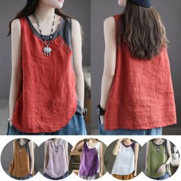 Tops Summer Casual Camisole Women Literary Retro Cotton Linen Vest Blouse Sleeveless Tshirt Solid Loose Comfort Tank Spliced Tops