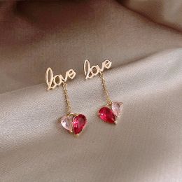 Romantic Red Pink Crystal Heart Pendant Stud Earrings Elegant Women Wedding Party Love Letter 14k Yellow Gold Earrings Sweet Girl Jewelry Gift