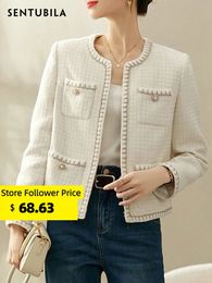 Sentubila Elegant Cropped Tweed Jacket for Women Round Neck Covered Button Autumn Winter Short Coats Outerwear 123W44147 240301