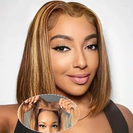 Wear And GO Glueless Highlight P4/27 Bob Wig Human Hair Straight 4x4 Lace Front Wigs Short For Women Ombre Honey Blonde