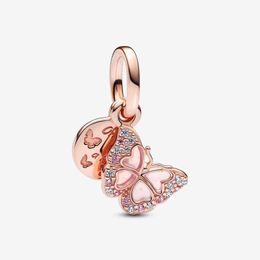 Pink Butterfly & Quote Double Dangle Charm Pandoras 925 Sterling Silver Luxury Charms Set Bracelet Making charms Beaded Designer Necklace Pendant Original Box