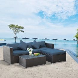 Camp Furniture 5-Piece Outdoor Sectional Patio Wicker Couch All-Weather PE Rattan Sofa Set Glass Coffee Table Blue