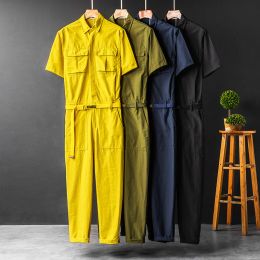 Overalls Casual Summer Short Sleeve Jumpsuit With Belt Men's And Women's Blue Yellow Work Clothes Onepiece Single Breasted Trousers