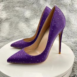 Dress Shoes Bling Purple Pointed Toe 12cm 10cm High Thin Heels Elegant Shallow Concise Women Pumps RM039 ROVICIYA