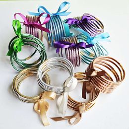 6-piece Set of Cute Gold Powder Bracelets for Women with Transparent Silicone Tubing and Ribbon Bracelets. Jelly Bangle is A Hot Selling Item