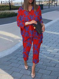 Suits ZANZEA Vintage Floral Printed Matching Sets Lapel Neck 3/4 Sleeve Blouse Pants Sets Bohemian Holiday Tracksuit Casual Outifit