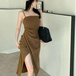 Casual Dresses Women's Style Split Fold Dress Spring Summer Mid Length Temperament Sling Female Solid Color Sleeveless A-Line