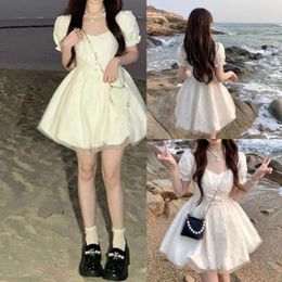 Casual Dresses Women's Puff Sleeve Solid Mesh Splicing A Line Swing Short Dress