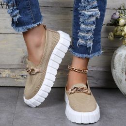 Boots Large Size Casual Loafers 2022 New Women's Shoes Thick Bottom Round Head Flying Woven Mesh Chain Decorative Breathable Shoes