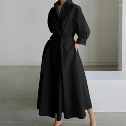 Casual Dresses Korean Fashion Long Sleeve Shirt Maxi Dress Women Chic Turndown Neck Ruched Elegant Office Lady Autumn Clothes Streetwear