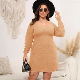 Plus Size Dresses Women Solid Colour Autumn Winter V-neck Woven Sweater Dress Large Female Long-sleeved Waist Bottoming