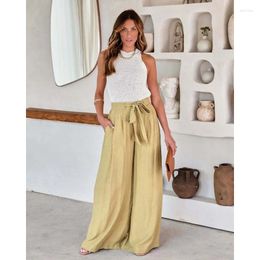 Women's Pants Casual Trousers Nylon High Waist Solid Color Pocket Basic Summer Wide Leg Women Pantalones Mujer Loose Lace-up