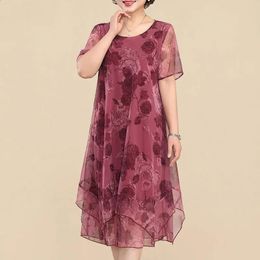 2023 ONeck Short Sleeve Dresses Vintage Floral Printed Summer Gauze Spliced Womens Clothing Stylish Irregular Loose Midi Dress 240313