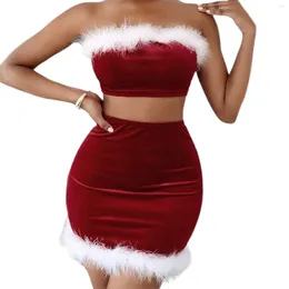 Work Dresses Female Christmas Outfits Furry Patchwork Backless Bandeau Crop Tube Tops Wrapped Hip Mini Skirt Women 2Pcs Loungewear