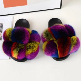 Slippers Real Fur Slippers Women Summer Fox Fur Slides Female Fluffy Flip Flops Furry Shoes with Pom Pom House Natural Fur Sandals 2021