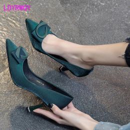 Boots Green high heels women's 2021 spring new pointed satin heel midheel shoes Thin Heels Pointed Toe