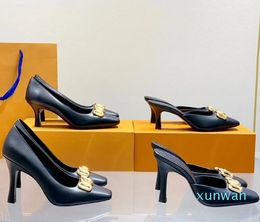 Womens Autumn Winter Designer Kitten Mid Heel Pump Shoes Ladies Elegant Leather Slip On Slingback Mule Slipper Big Size