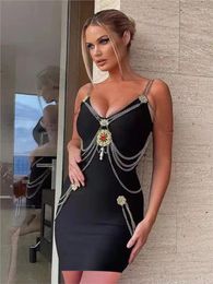 Stage Wear Black Metal Chain Suspender Sexy Tight Fitting Short Skirt Bandage Birthday Party Dress