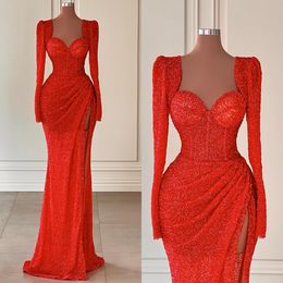 Sexy Red Mermaid Evening Dresses Bone Bodice Sequins promdress Sweep Train Split Pleats Long sleeves Dresses for special occasion robe de soiree