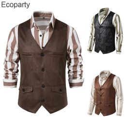 Vests New Vintage Coffee Suede Suit Vest Men VNeck Single Breasted Jacket 2023 Brand Sleeveless Casual Waistcoat Party Costume Homme