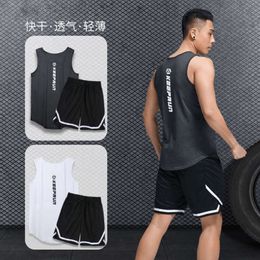 Suit Mens Ice Silk Quick Drying Vest Sports Set Summer T-shirt Equipment Training Short Sleeved Running Clothes Hktq