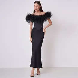 Work Dresses Autumn Feather Tube Top Spice Girl Blouse Elegant High Quality Tight Skirt 2-piece Suit