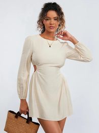Casual Dresses Women Mini Dress Solid Colour Round Neck Waist Cutout Long Sleeve Spring Fall Elegant