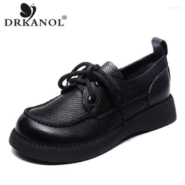 Casual Shoes DRKANOL Handmade Sewing Women Flat Retro Style Genuine Cow Leather Lace-Up Round Toe Spring Autumn Single