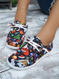 Casual Shoes Christmas Women Autumn Spring 2024 Fashion Print Lace Up Round Toe Canvas Flat Work Comfortable For