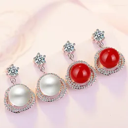 Stud Earrings Fashion Simple Circle Red Pearl Zircon Charm Women's Holiday Party Jewellery Christmas Birthday Gift