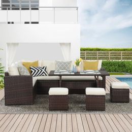 Camp Furniture Brown Wicker Convertible Sectional Sofa Couch Set White Couches For Living Room Patio Garden Outdoor