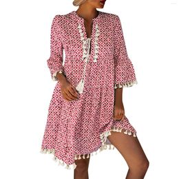 Casual Dresses Womens Summer Dress Boho Print V Neck Short Sleeve Loose Vintage Plus-size T Shirt For Women Vestido Robe
