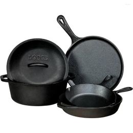 Pans Seasoned Cast Iron 5 Piece Bundle. 10.5" Griddle 8" Skillet 10.25" Dutch Oven And Lid Black