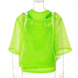 Women's Blouses Mesh Shirt Vest Set Neon Bright Top Tank Colour With Short Sleeve O-neck For Sexy