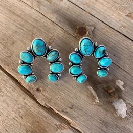 Stud Earrings Western Floral Flower Studs Earring Southwest Style With Oval Shape Turquoise Color Stones | Black Red Punchy